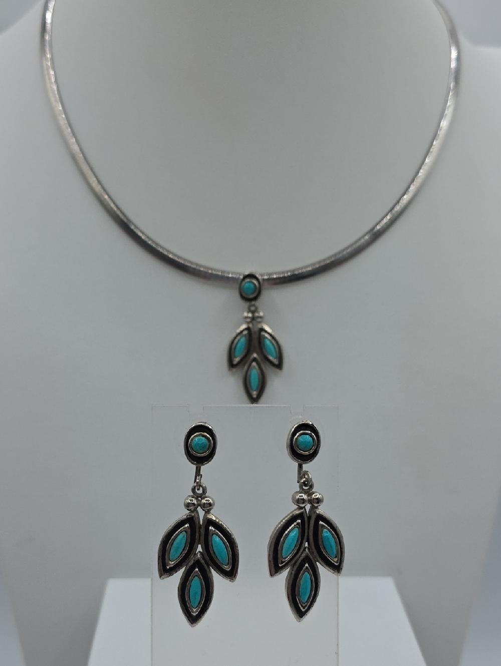 St. Labre Silver-Tone Turquoise Leaf Pendent Necklace with Matching Earrings